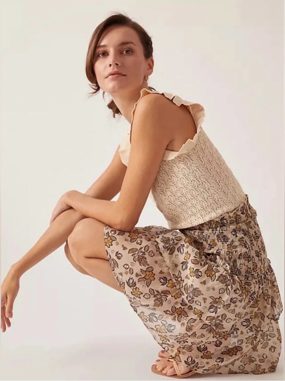 Anthropologie Current Air Sweater Dress Smocked Ruffle Floral Knit Mini Sz XS